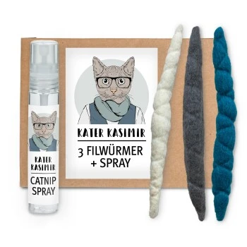 Kater Kasimir 3 Handgerollte Filzwürmchen Aus Schurwolle + 1 Mini-Flasche Katzenminze-Spray 1 Kater Kasimir 3 Handgerollte Filzwürmchen Aus Schurwolle + 1 Mini-Flasche Katzenminze-Spray